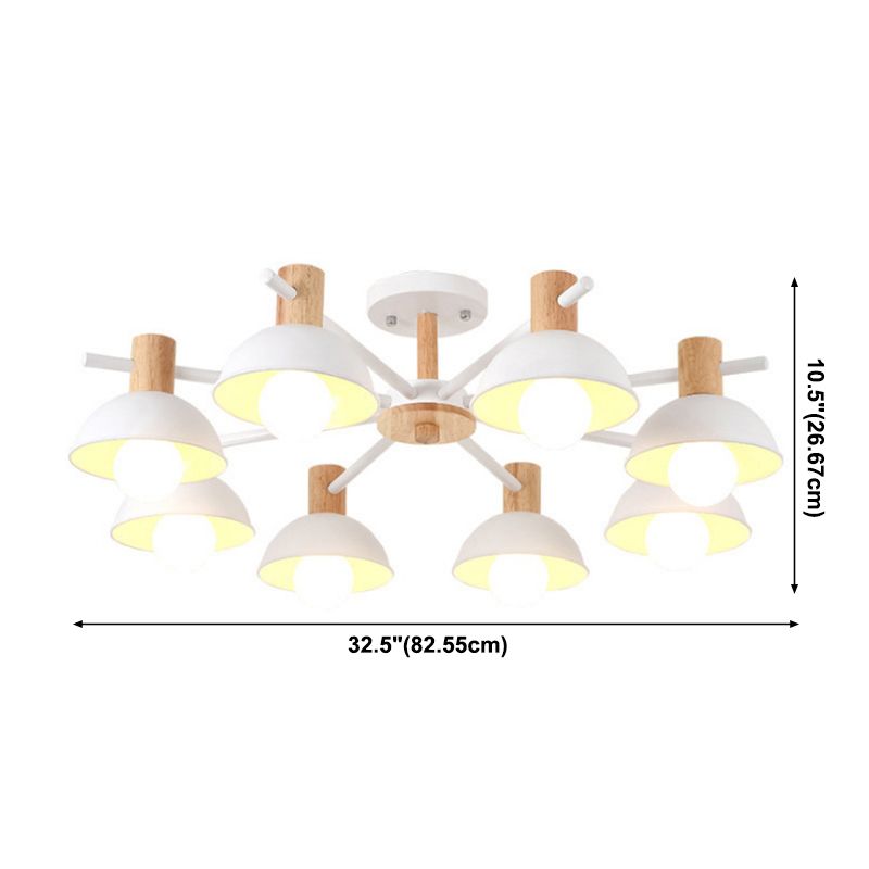 Metallic Bowl Shade Ceiling Light Macaron Style 8-Light Wood Lighting Fixture for Bedroom