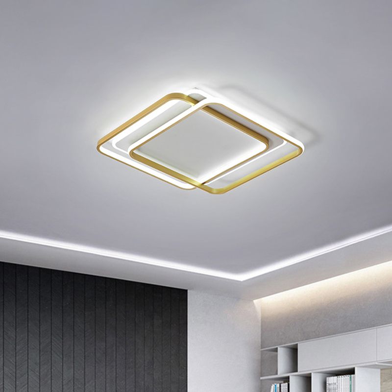 Double Square/Rectangle Parlor Ceiling Lamp Metal Minimalist LED Flush Mount Light in Gold, Warm/White Light
