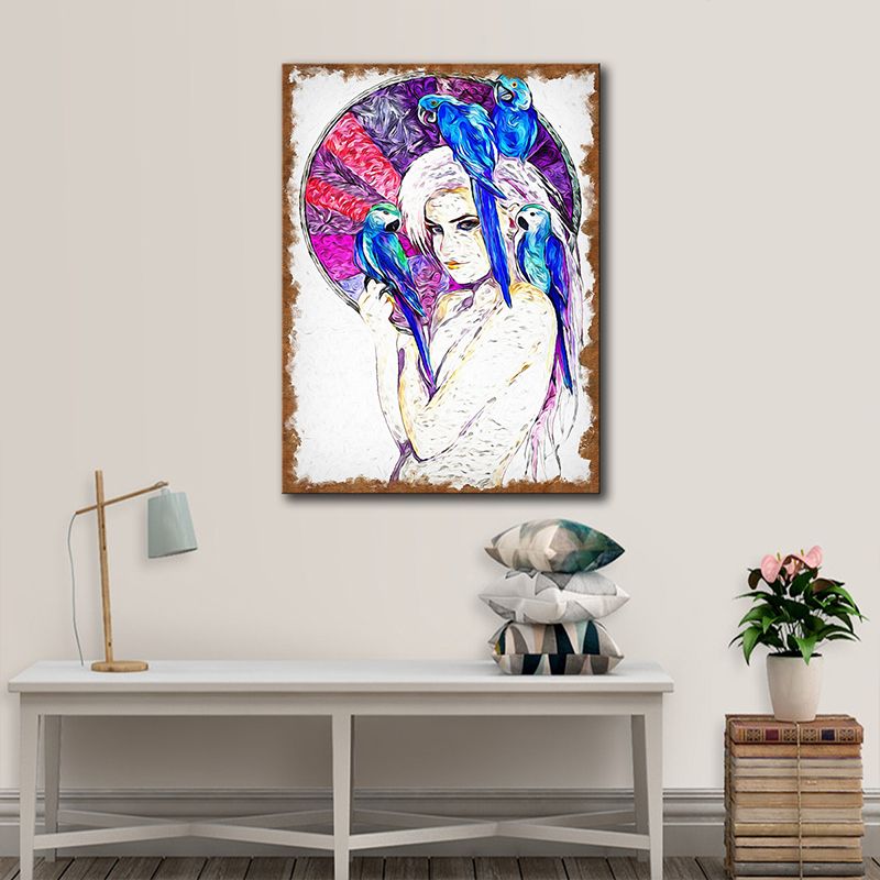 Canvas Purple Art Print Contemporary Girl and Parrots Painting Wall Decor for Living Room