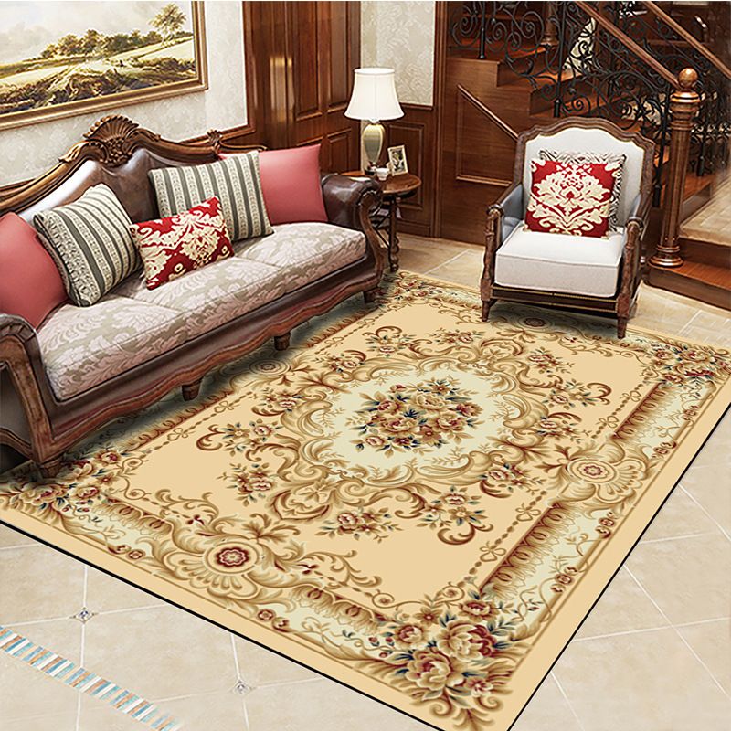 Red European Carpet Flower Pattern Polyester Area Rug Non-Slip Backing Rug for Home Decor