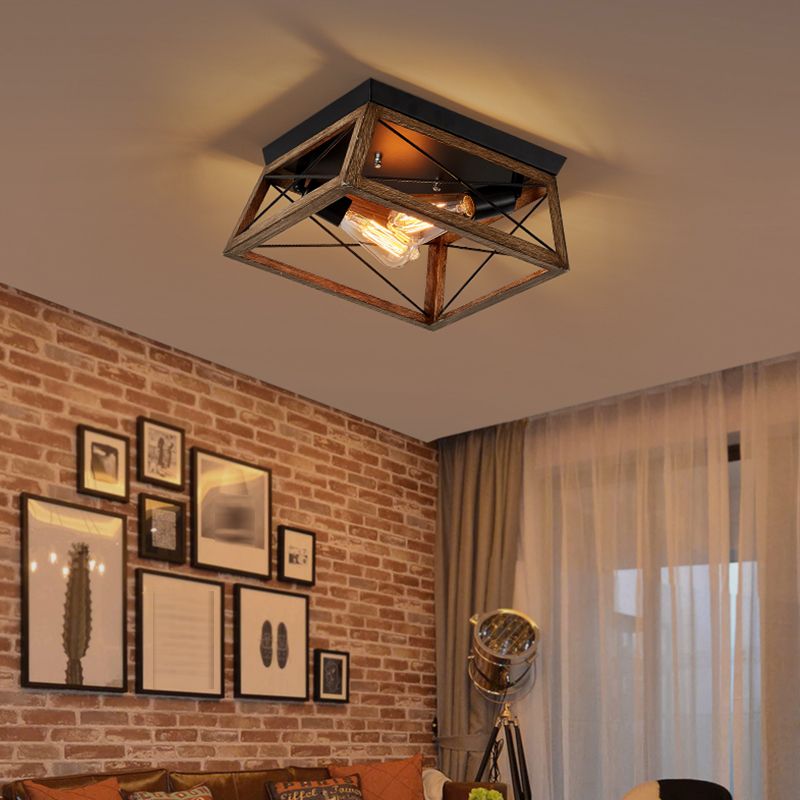 Metal Square Flush Mount Light Industrial 2 Lights Flush Mount Ceiling Fixture in Black