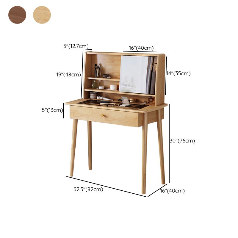 Mirrored Wood Makeup Dressing Table Stool Set in Natural/Walnut Finish