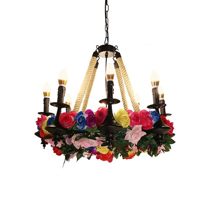 Vintage Candle Chandelier Light Fixture 6 Heads Hemp Rope LED Flower Pendant Lamp in Black for Restaurant