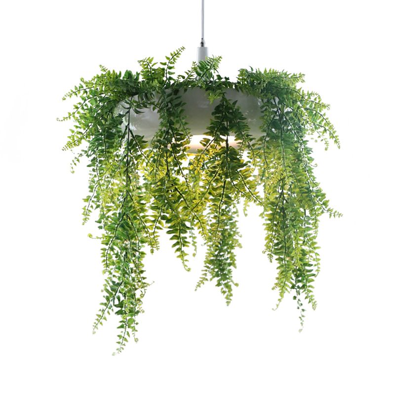 Donut Metal Pendant Lighting Loft Style 1-Bulb Balcony Hanging Ceiling Light in Black/White with Artificial Vine Deco