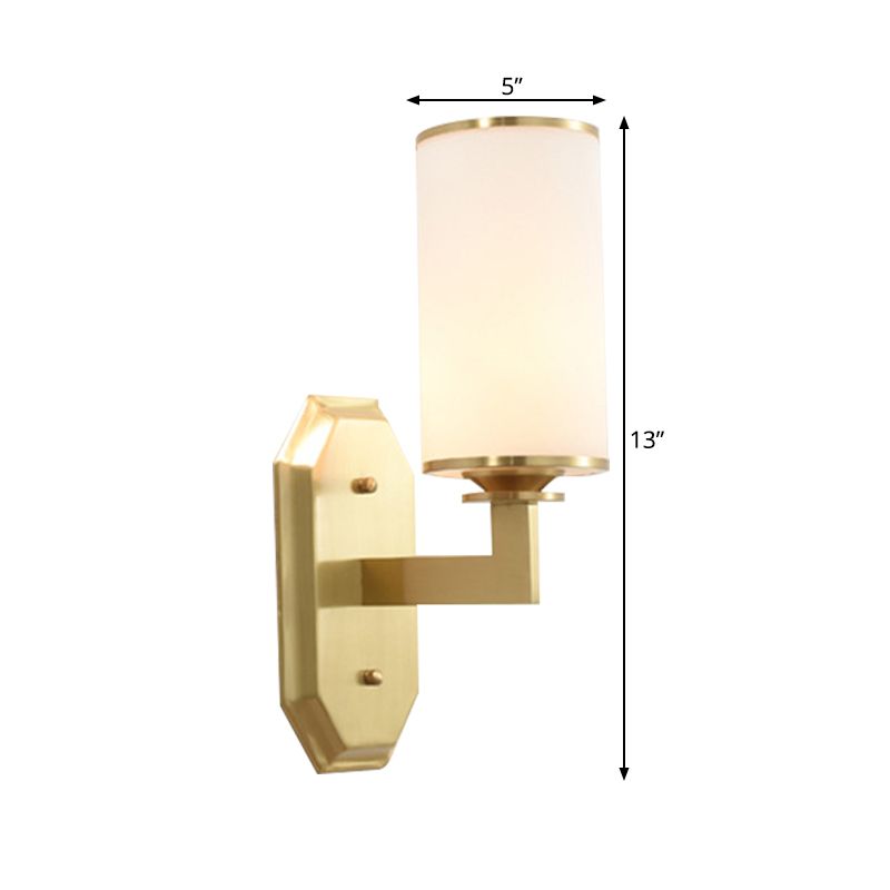 1/2-Head Wall Mounted Lighting Modern Stylish Cylindrical Shade Frosted White Opal Wall Lamp in Brass