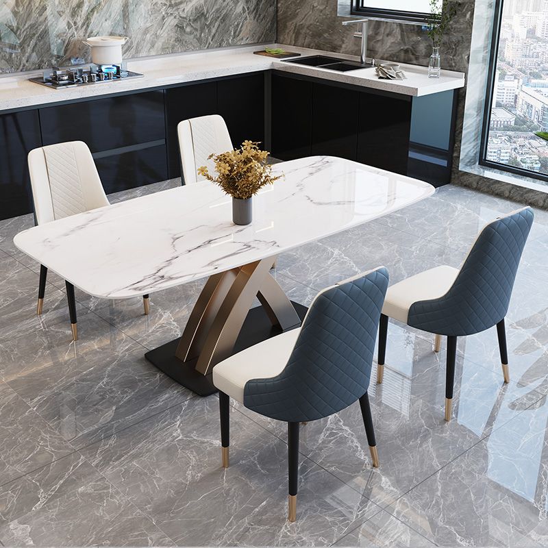 Contemporary Dining Room Set Metal Frame White Slate Rectangular Dining Table Set for Home
