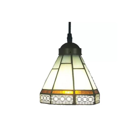 Stained Glass Conical Drop Lamp Tiffany-Style 1 Head Beige/Green/Blue Pendant Lighting Fixture for Living Room