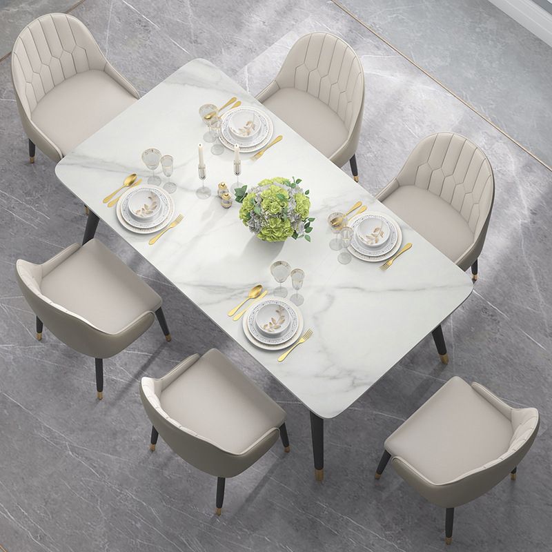 Modern Sintered Stone Table Set of 5/7 with Rectangle White Table Dining Set with PU Leather  Chairs