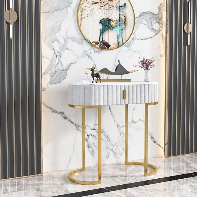 Glam Oval Console Accent Table Antique Finish Sofa Console Table in Marble