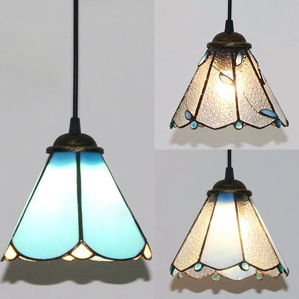 Tiffany Conical Hanging Light 1 Bulb Blue/Clear/Blue-Clear Cut Glass Ceiling Suspension Lamp for Dining Room