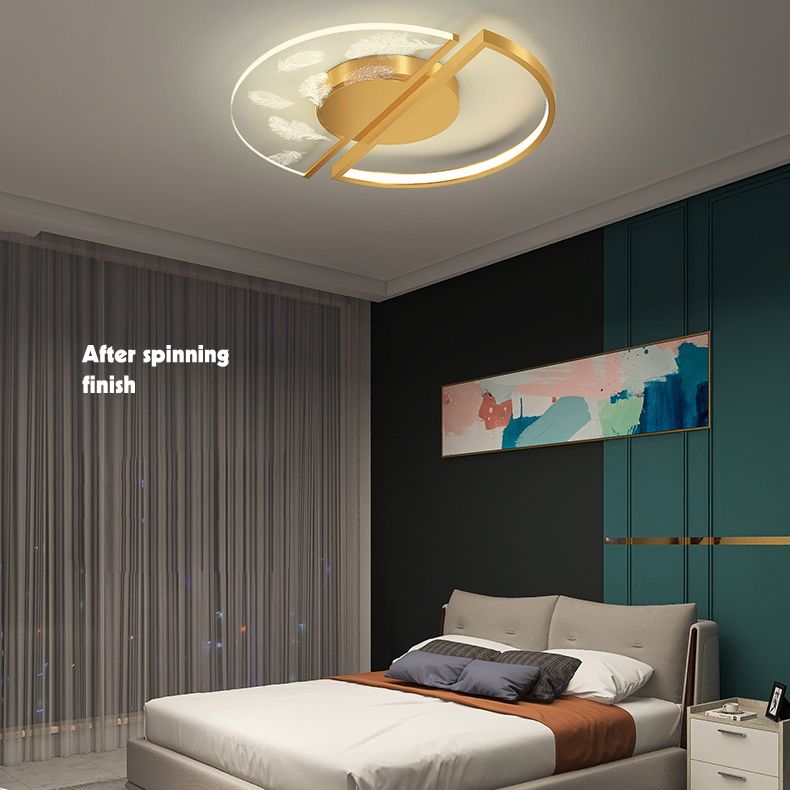 Gold Circular Feather LED Ceiling Light in Modern Luxury Style Acrylic Flush Mount for Bedroom