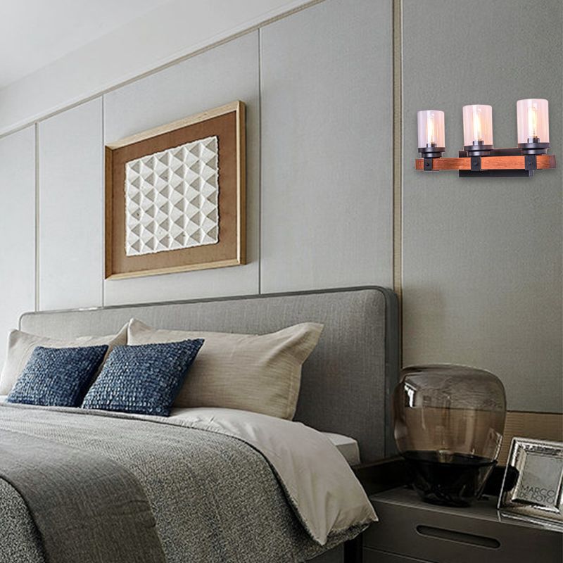 Luz de pared de 3 bombas con sombra de cilindro vidrio transparente de la sala de estar tradicional accesorio de iluminación en marrón