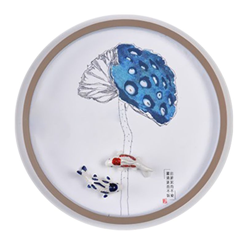 Watercolour Mountains/Fish Mural Lighting Chinese Style Iron Bedroom LED Wall Mount Light Fixture in White