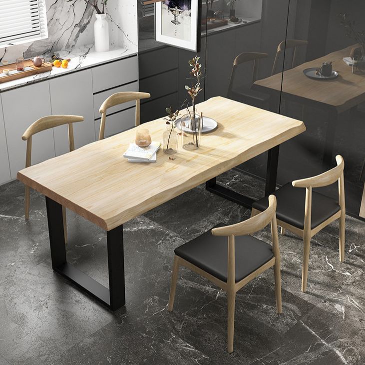 Rectangle Solid Wood Table Modern Dining Table with Metal Base and Double Pedestal for Restaurant