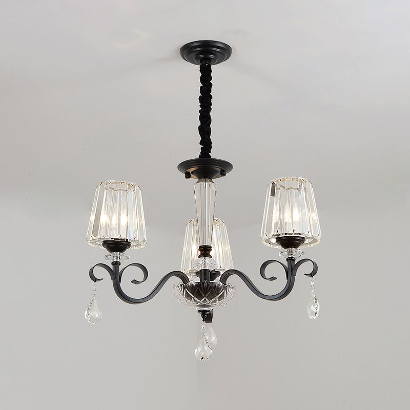 Cono ombra hotel soffitto lampadario retrò cristallo prismatico ciondolo a goccia nera a 6 light con elemento di scorrimento
