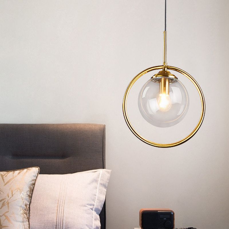Globe Down Lighting Pendant Postmodern Clear/Amber/Smoke Grey Glass Single-Bulb Bedroom Suspension Light with Brass Ring