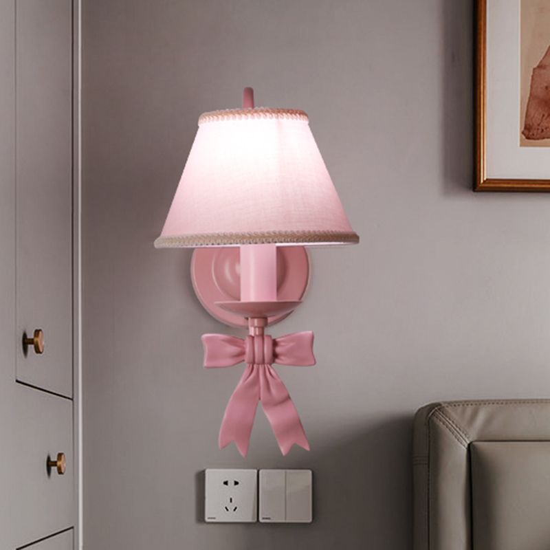 1/2-Light Bedroom Wall Mounted Light Macaron Pink Finish Bow Wall Lamp with Conic Fabric Shade