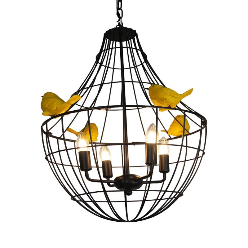 4 Lights Candelabra Suspended Lighting Fixture Traditional Black Metal Chandelier with Cage
