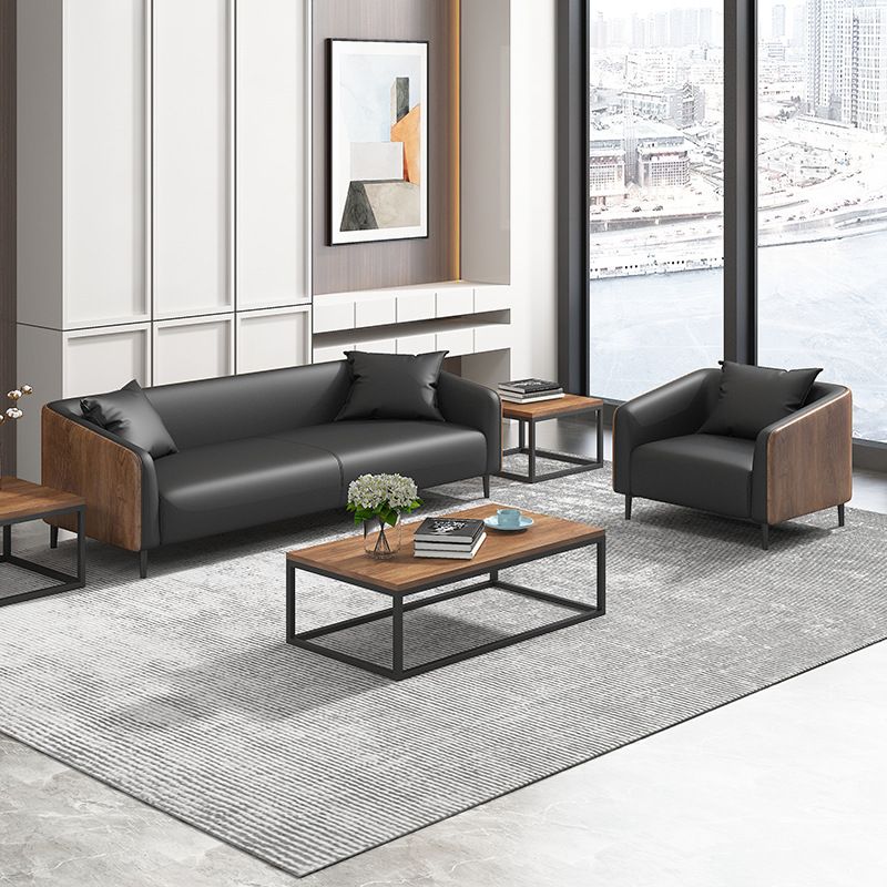 Modern Faux Leather Sofa Tuxedo Arm Tight Back Sofa in Grey/black