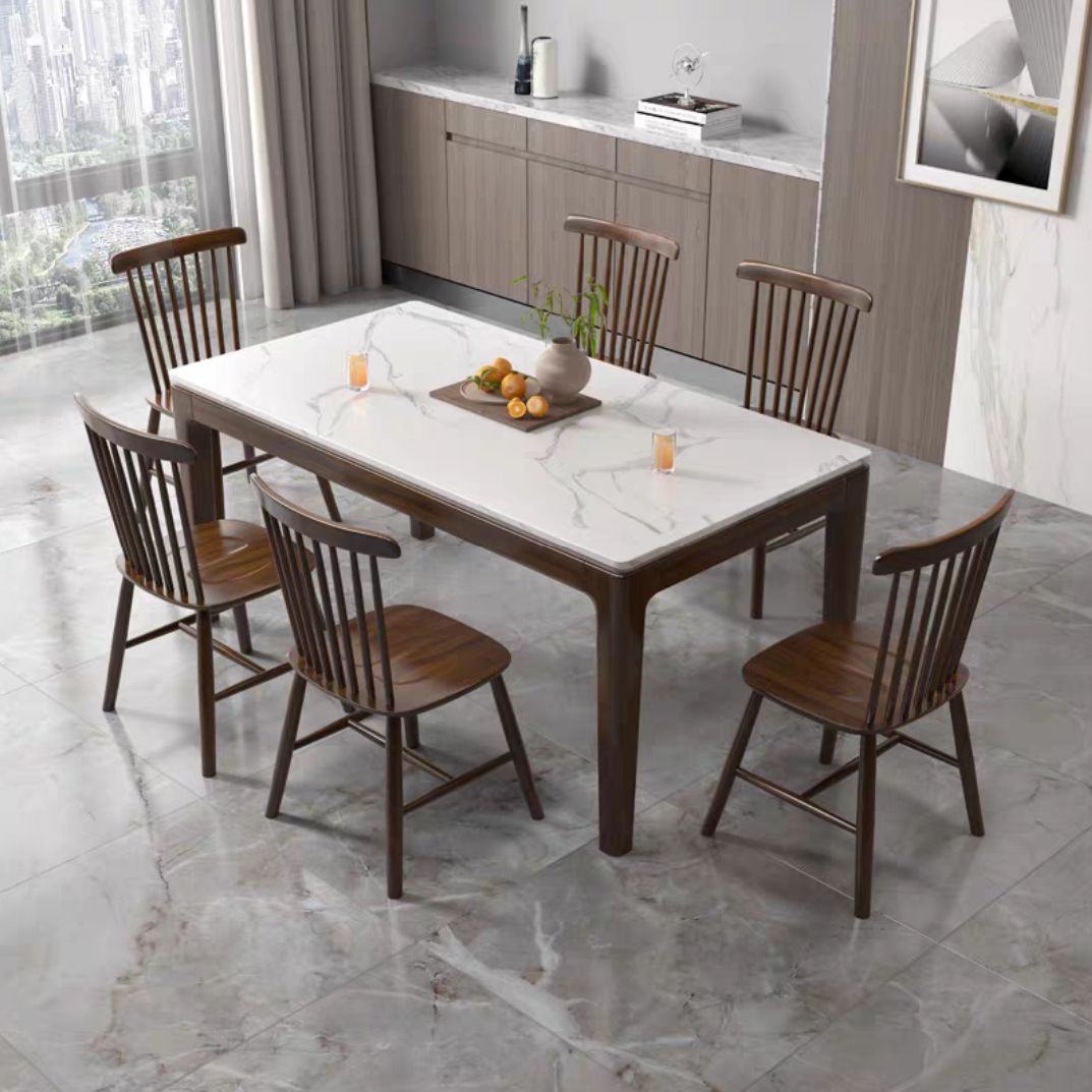 Solid Wood Mid-Century Modern Table Rectangle Marble Top Table for Kitchen