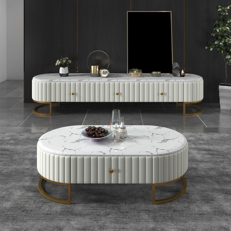 Glam Style Oval Coffee Table with 1 Drawer and Stone Top and Iron Base