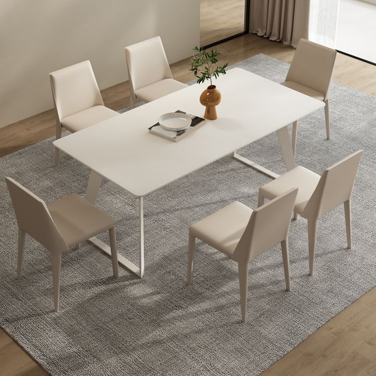 Modern Rectangle Dining Table White Stone Tabletop with Metal Sled Base