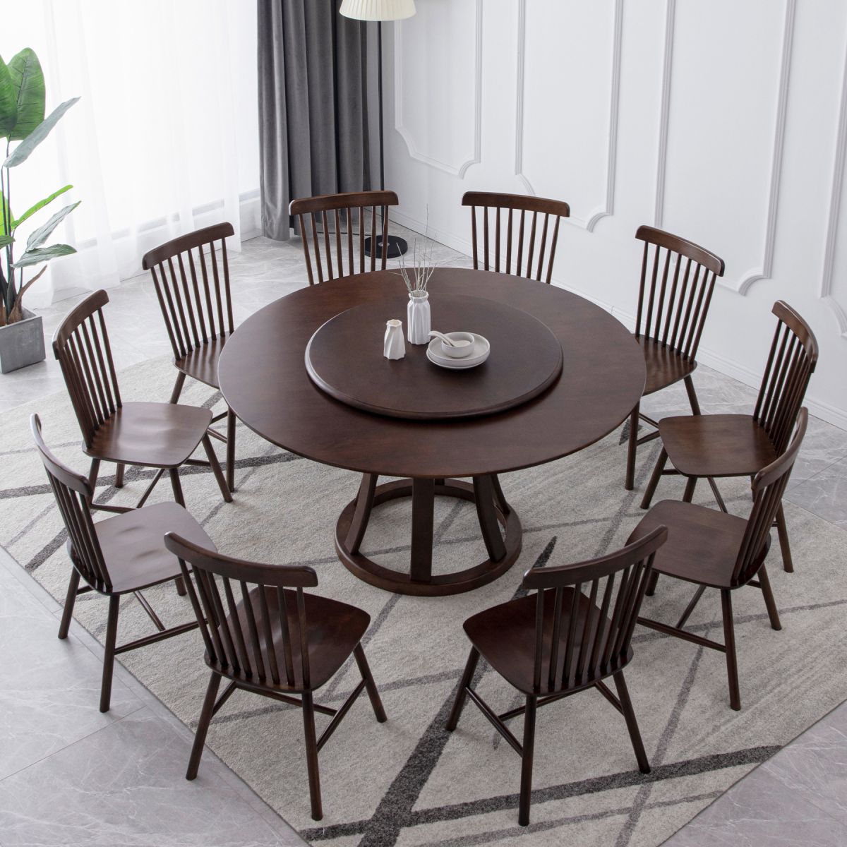 Rotatable Wooden Round Table in Brown Rubber Wood Dining Table with Pedestal