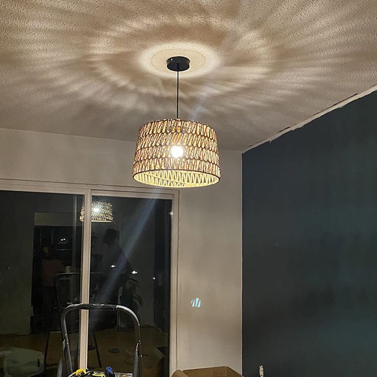 1-Light Hemp Rope Drum Hanging Light Hand Knitting Creative Bedroom Suspension Lamp in Beige