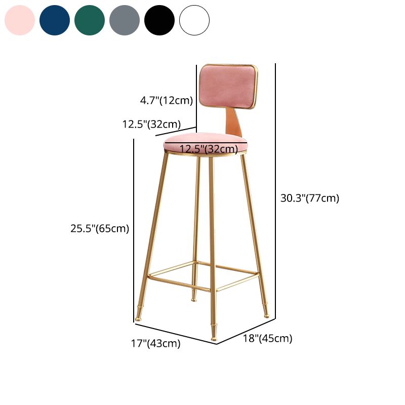 Glam Armless Backrest Counter Stool Iron Cafe Bar Stool with Velvet Cushion and Pedal