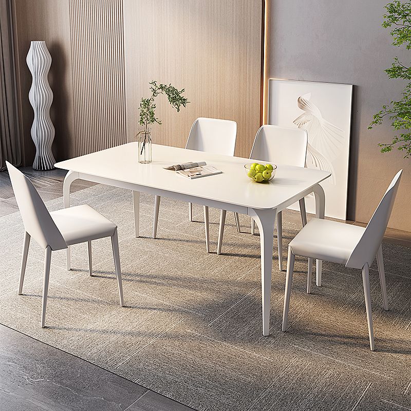 Contemporary White Rectangle Stone Dining Table with 4 Steel Foot