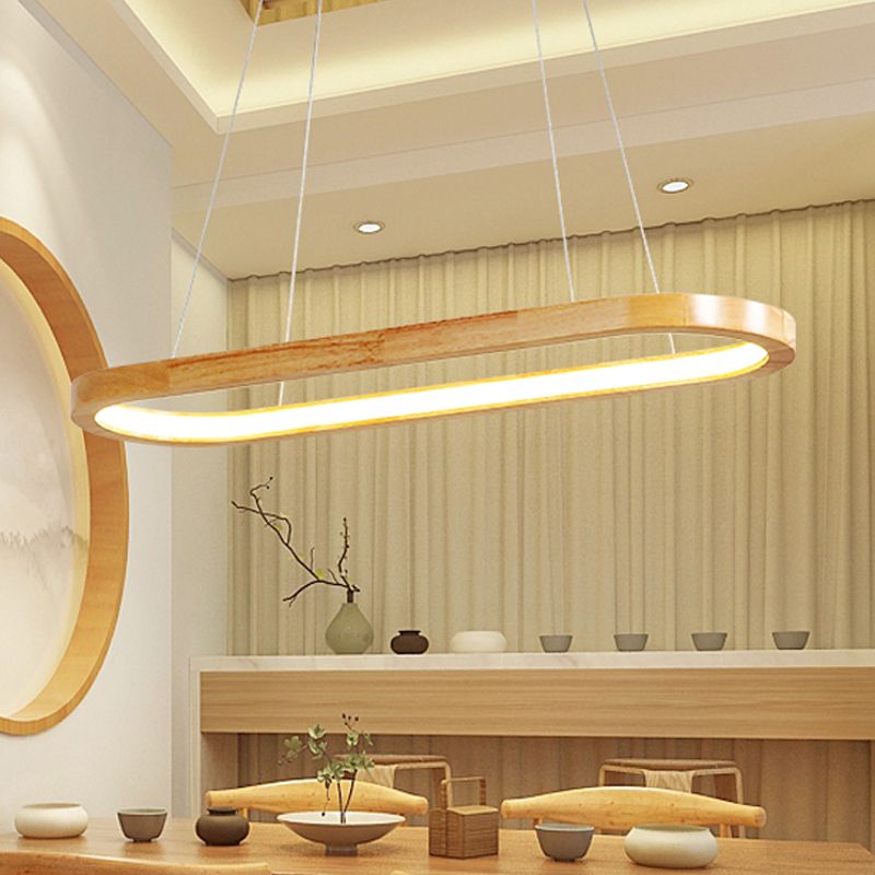 Beige Oval Ceiling Pendant Light Nordic Wood LED Chandelier Lighting Fixture for Dining Room, 27.5"/35.5" Wide