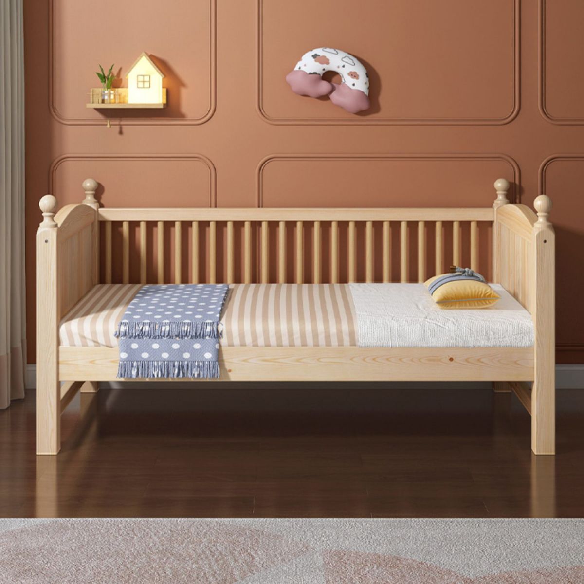 Washed Natural Pine Nursery Crib Modern Nursery Crib with Guardrail