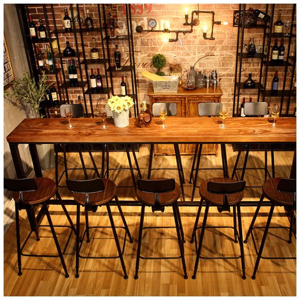 Dark Brown Modern Style Bar Table Solid Wood and Iron Coffee Shop Bar Table