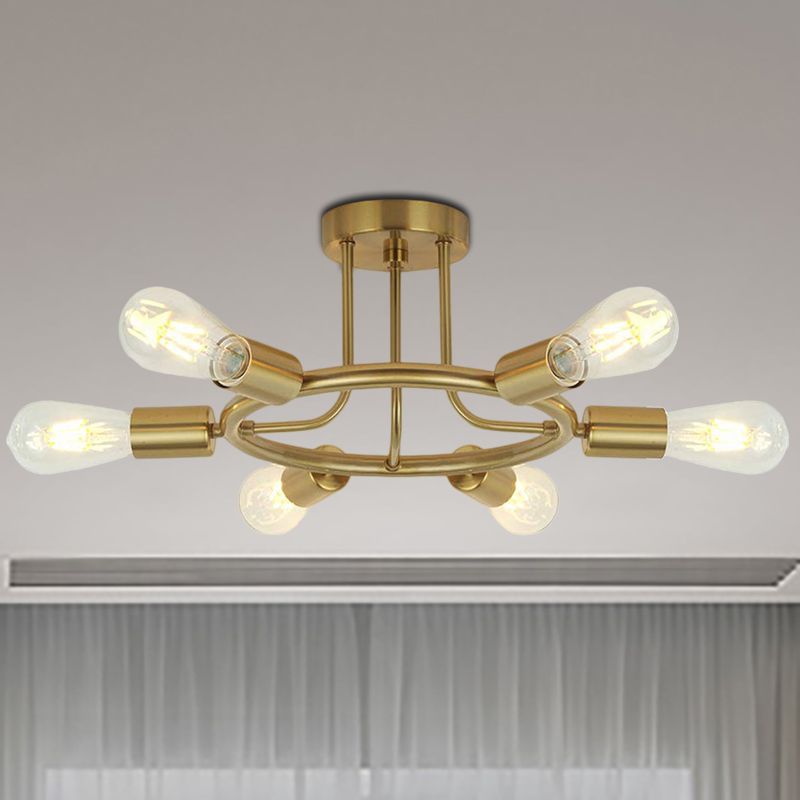 Bare Bulb Semi Flush Ceiling Light Mid Century Metallic 6 Heads Semi Mount Light in Brass/Black Finish