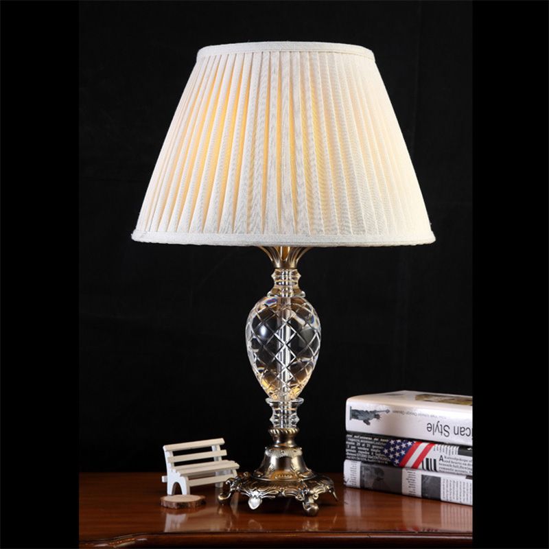Cream Gray Pleated Table Light Modern 1 Bulb Fabric Desk Lamp, Bronze Carved Metal Base