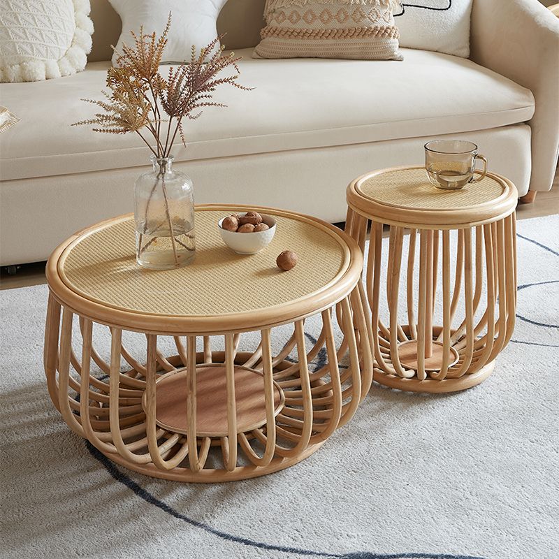 Asian Drum End Table Round Rattan Accent Side Table with Storage