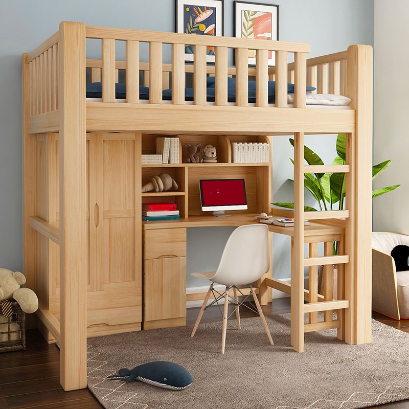 Modern Solid Wood Loft Bed Natural Storage Kids Bed with Guardrails