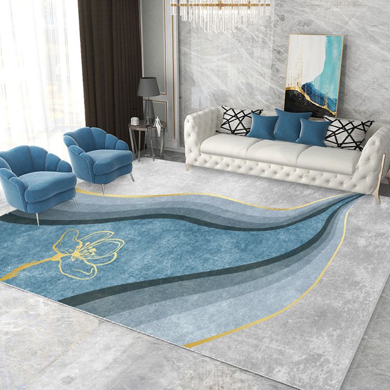 Blue Tone Causal Indoor Rug Polyester Blooming Effect Carpet Washable Rug for Home Decoration