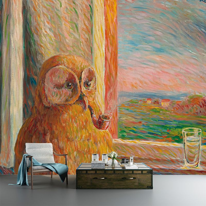 Yellow-Brown Surreal Wall Murals Whole Owl Smoking Pipe Painting Wall Art for Home