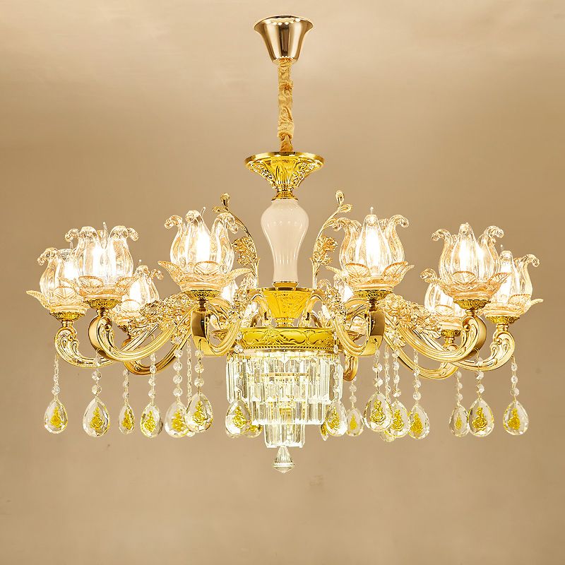 Carved Glass Lotus Shape Hanging Lamp Traditional Bedroom Chandelier with Crystal Accents in Gold