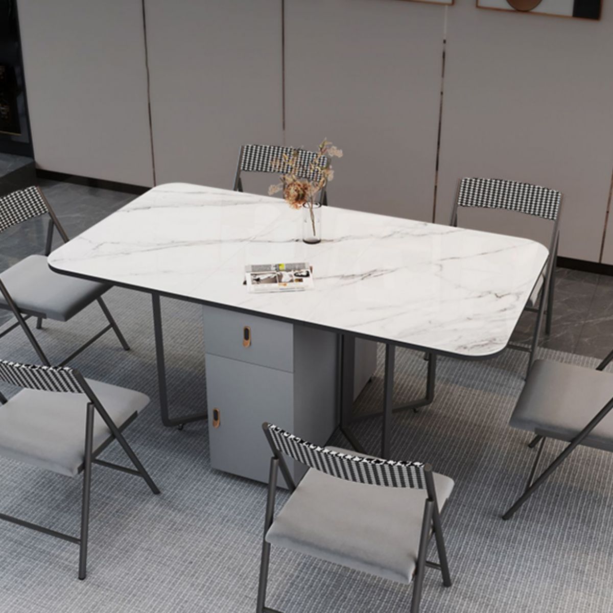 Modern Style Rectangle Dining Table Sintered Stone Drop-Leaf Dining Table with Black Frame