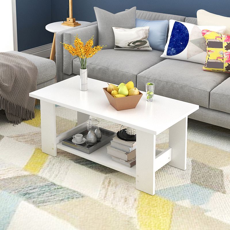 16.53" Tall Rectangle Top Coffee Table Wooden 4 Legs Cocktail Table with Shelf