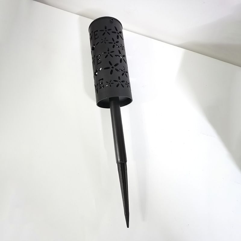 Cylinder Plastic LED Lawn Lighting Artistic Black Hollow out Solar Stake Light for Backyard
