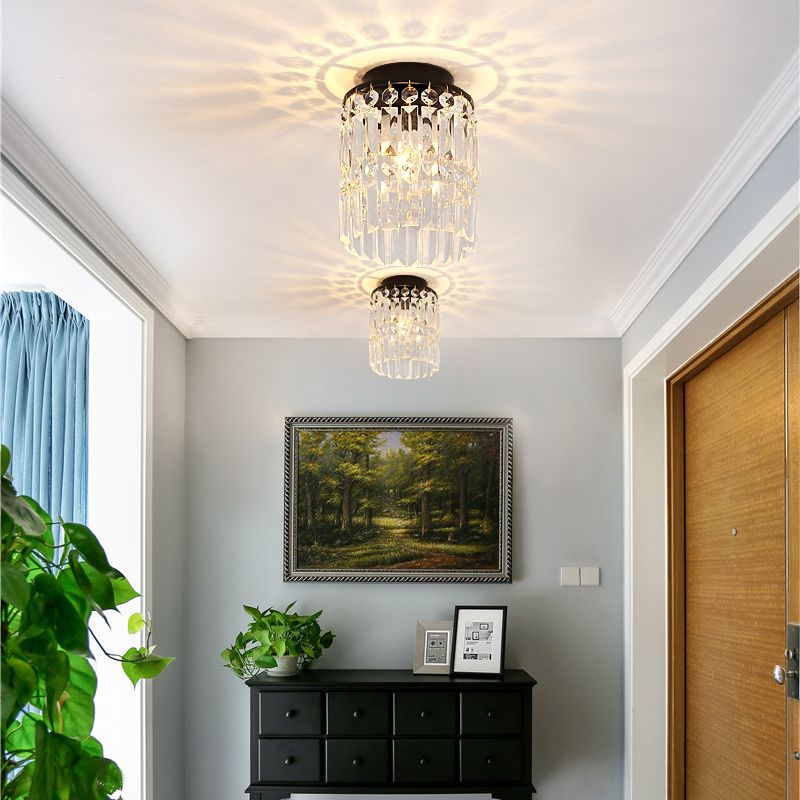 1-Light Corridor Mini Flush Lamp Simple Black/Gold Cylinder Crystal Ceiling Flush Mount
