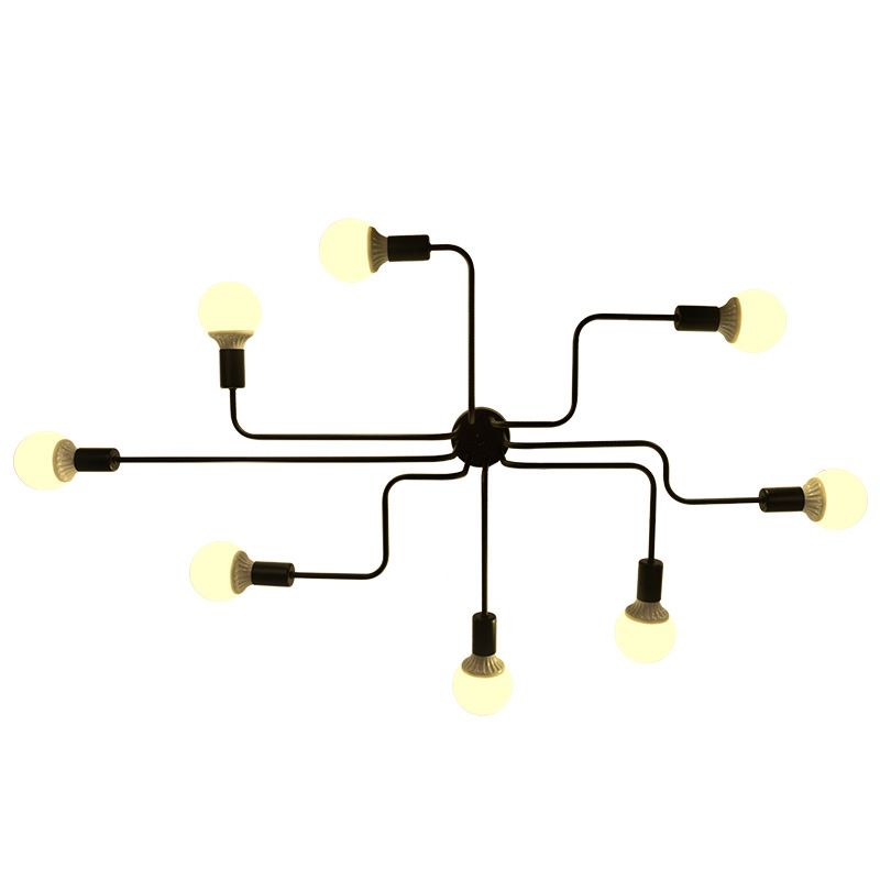 Industrial Vintage Radial Semi Flush Mount Lacquered Iron Ceiling Light in Black