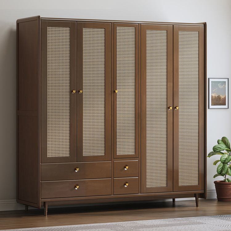 Rubberwood Solid Wood Frame Wardrobe Modern Rattan Hinged Doors with Legs