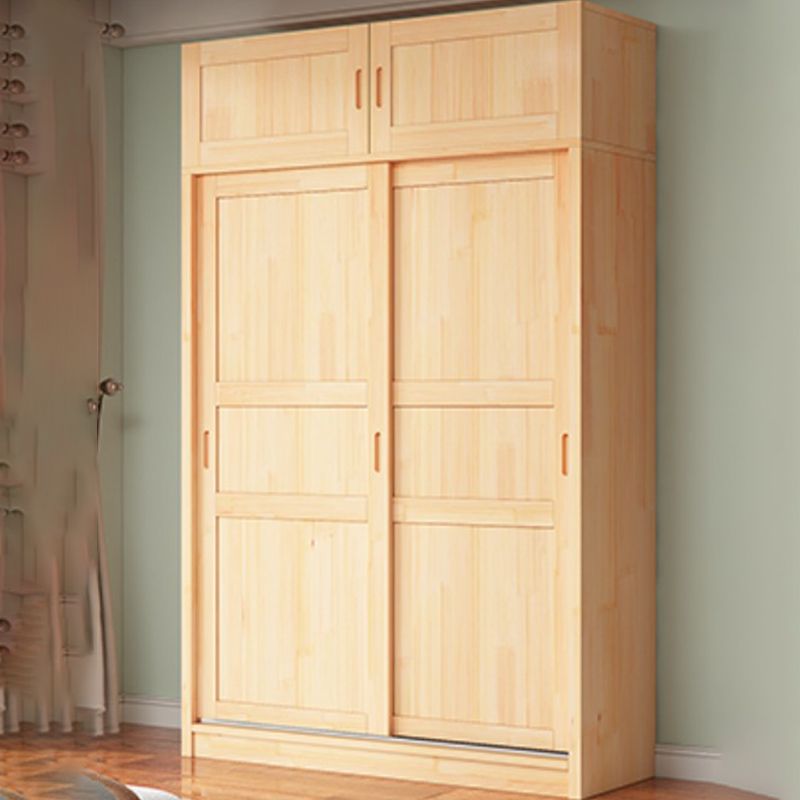 Natural Pine Solid Wood Wardrobe Freestanding Wardrobe with Sliding Doors