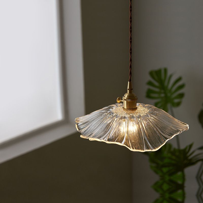 Glass Scalloped Pendant Light in Industrial Retro Style Copper Indoor Hanging Lamp