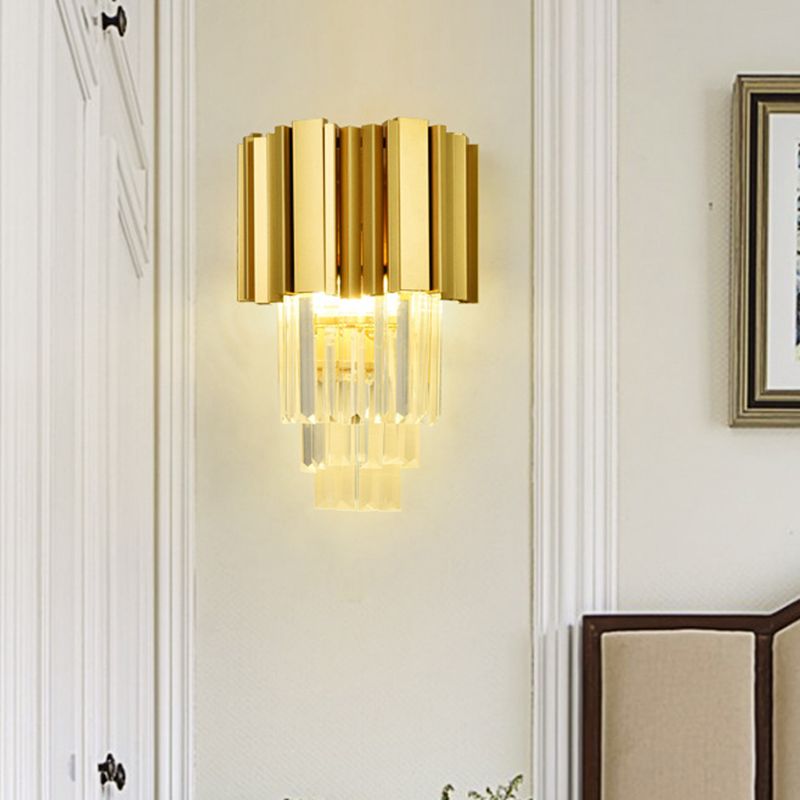 Traditionalism Tiered Wall Mount Lamp 2 Heads Clear Crystal LED Wall Sconce in Gold