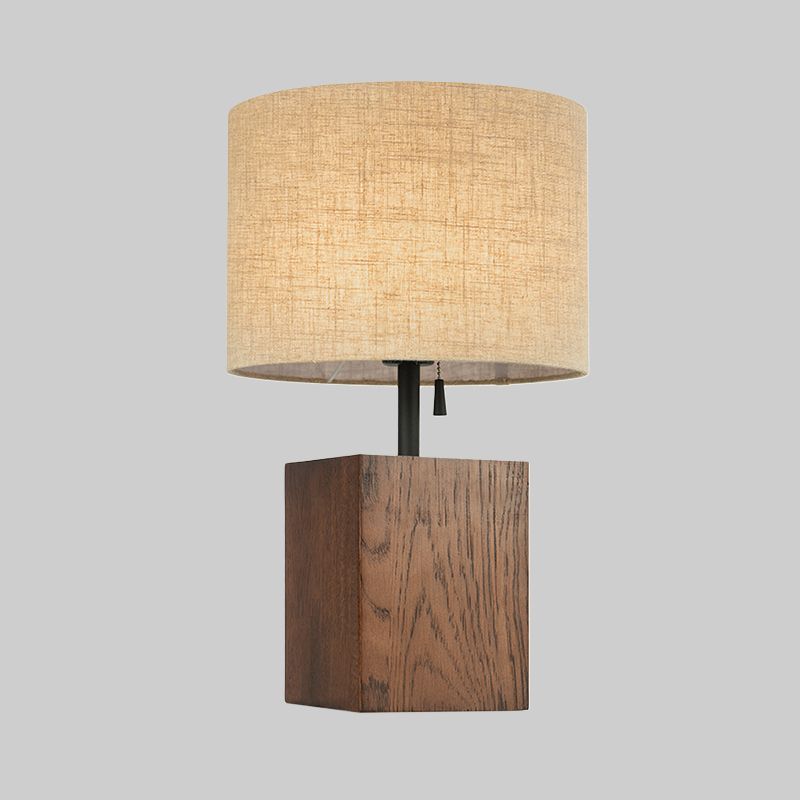 Lámpara de mesa de tela de bulbo 1 de cilindro de cilindro de lino, base de madera rectangular marrón